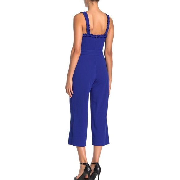 NEW bebe Ruffle Strap Cropped Jumpsuit Blue M - Picture 2 of 6